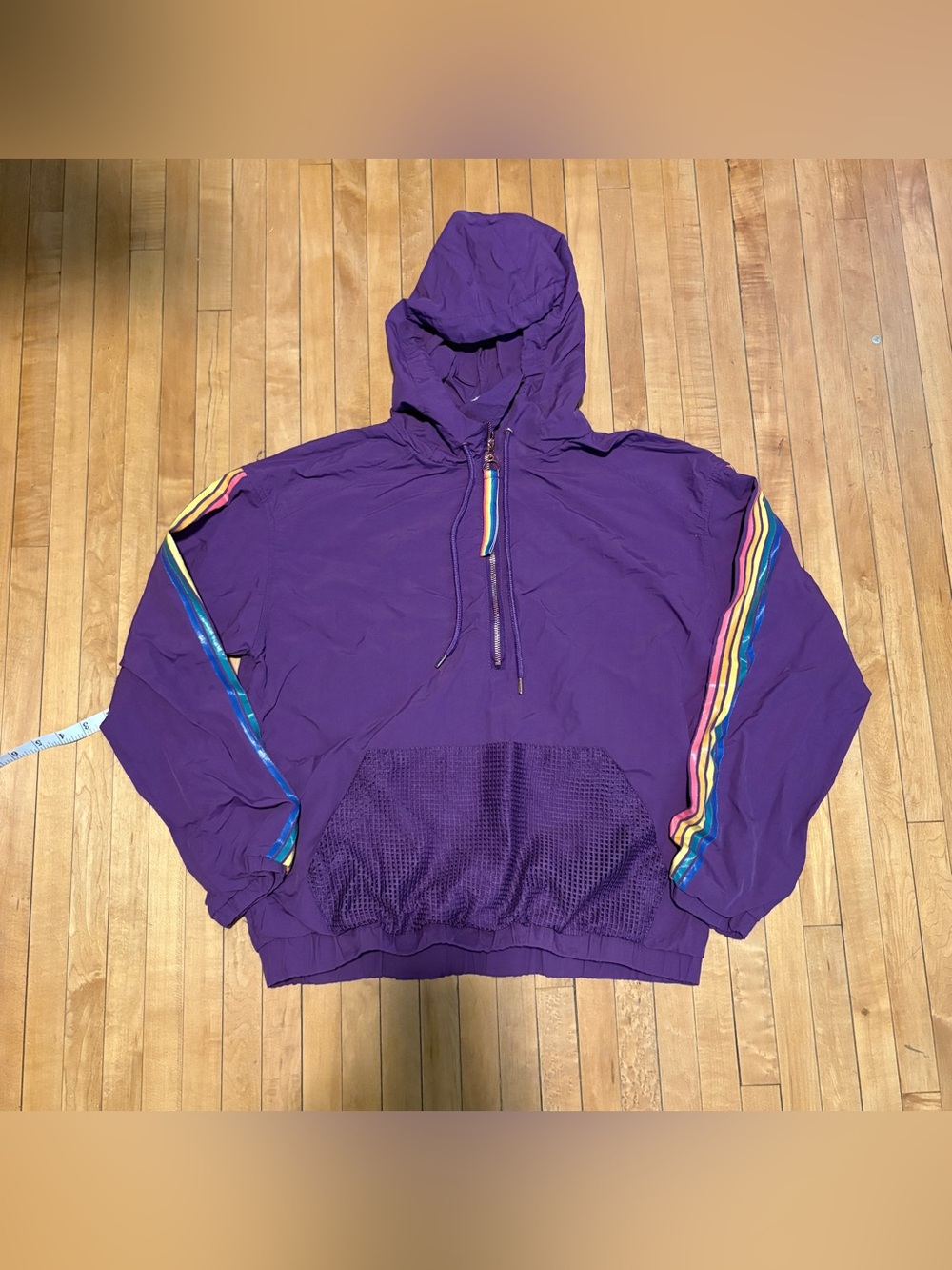 Ashley By 26 International Purple Hooded Windbreaker with Rainbow Sleeve Stripes